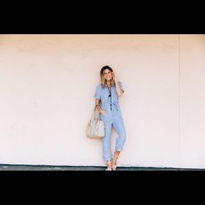 Anthropologie blue striped zip-front jumpsuit!